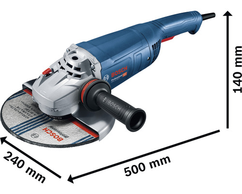Bosch Winkelschleifer mit den Maßen 500 mm Länge, 240 mm Breite und 140 mm Höhe.