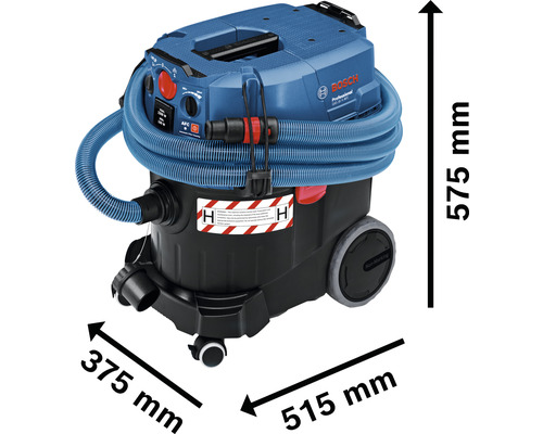 Bosch Professional Nass Trockensauger mit den Maßen 575 mm Höhe, 375 mm Breite und 515 mm Länge.