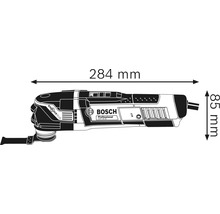 Abbildung eines Bosch Multifunktionswerkzeugs mit den Maßen 284 mm Länge und 85 mm Höhe