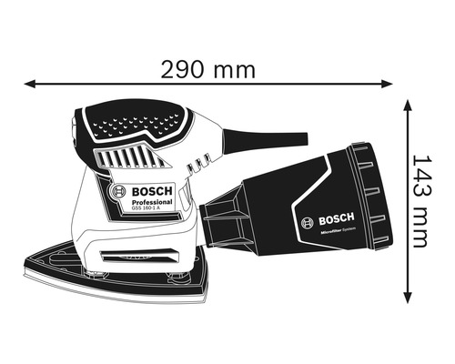 Bosch GSS 160-1 A Schwingschleifer Maßzeichnung mit Abmessungen 290 mm und 143 mm