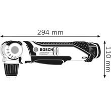 Bosch GWB 12V-10 Professional Akku-Winkelbohrmaschine mit den Maßen 294 mm Länge und 110 mm Höhe.