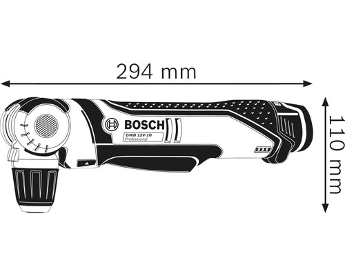Bosch GWB 12V-10 Professional Akku-Winkelbohrmaschine mit den Maßen 294 mm Länge und 110 mm Höhe.