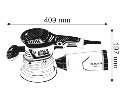 Bosch Exzenterschleifer GEX 125-150 AVE Professional mit den Maßen 409 mm Länge und 197 mm Höhe.