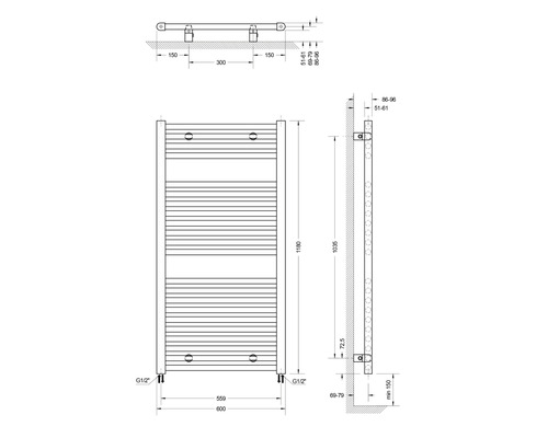 Technische Zeichnung eines Heizkörpers mit Maßangaben.