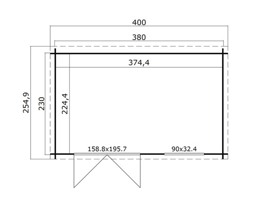 Grundriss eines Gartenhauses mit Maßangaben.