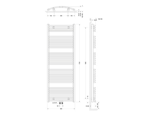 Technische Zeichnung eines Heizkörpers mit Maßen