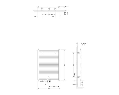 Technische Zeichnung eines Heizkörpers mit Maßangaben