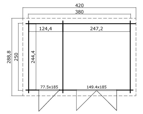 Grundrisszeichnung einer Gartenlaube mit Maßangaben