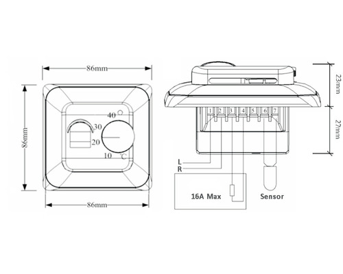 Technische Zeichnung eines Raumthermostats mit Temperaturregler, Abmessungen und Schaltplan.