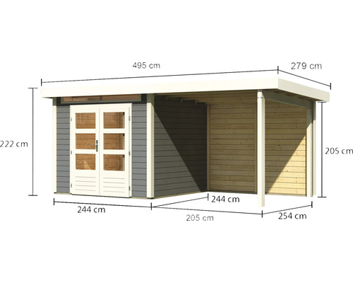 Gartenhaus mit überdachter Veranda und Maßangaben.