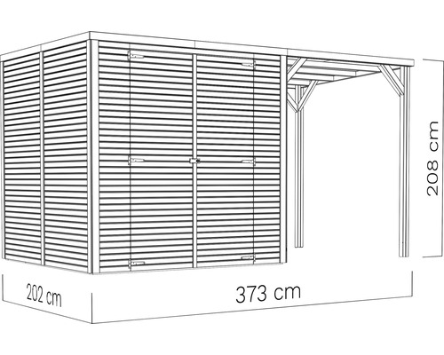 Holzschuppen mit Anbau und den Maßen 202 x 373 x 208 cm