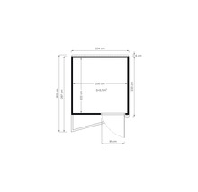 Grundrisszeichnung eines Gartenhauses mit Maßangaben
