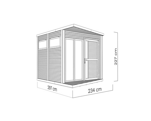 Abbildung eines Gartenhauses mit den Maßen 297 cm mal 234 cm mal 227 cm.