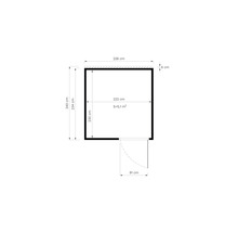 Grundrisszeichnung eines Gartenhauses mit Tür und Größenangaben in Zentimetern