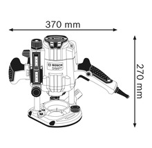 Skizze einer Oberfräse mit Maßangaben: 370 mm Breite und 270 mm Höhe.