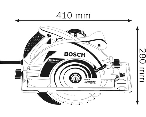 Abmessungen der Bosch GKS 85 G Professional Handkreissäge, 410 mm breit und 280 mm hoch