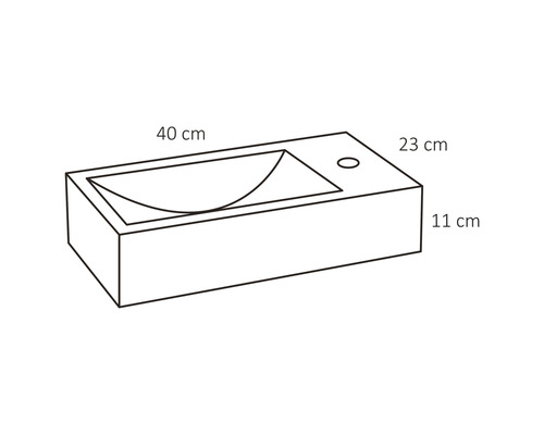 Skizze eines Waschtisches mit den Maßen 40, 23 und 11 Zentimeter