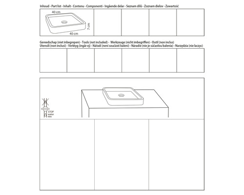 Zeichnung eines Aufsatzwaschbeckens mit den Maßen 40 mal 40 mal 7 Zentimeter