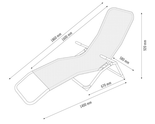 Technische Zeichnung einer Gartenliege mit Maßangaben in Millimetern