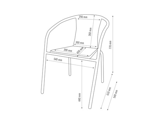 Technische Zeichnung eines Stuhls mit Maßangaben