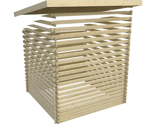 Holzgartenhaus im Aufbau mit Nut- und Federverbindungen