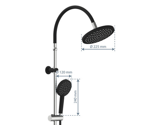 Duschsystem mit Kopf- und Handbrause sowie Maßangaben