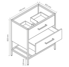 Zeichnung eines Waschtischunterschranks mit Maßen: 740 mm Breite, 455 mm Tiefe und 820 mm Höhe.