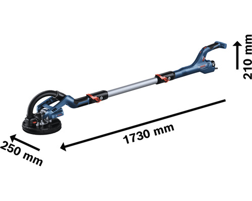 Bosch Deckenschleifer mit den Maßen 1730 mm Länge, 250 mm Schleiftellerdurchmesser und 210 mm Höhe.