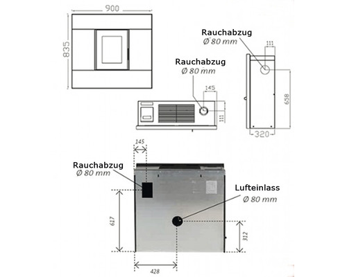 Technische Zeichnung eines Ofens mit Maßangaben zu Rauchabzug und Lufteinlass