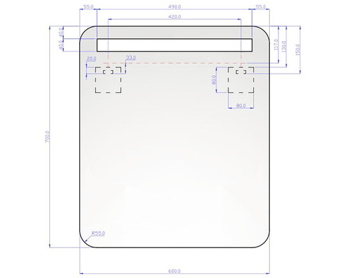 Technische Zeichnung einer Spiegelplatte mit Maßangaben