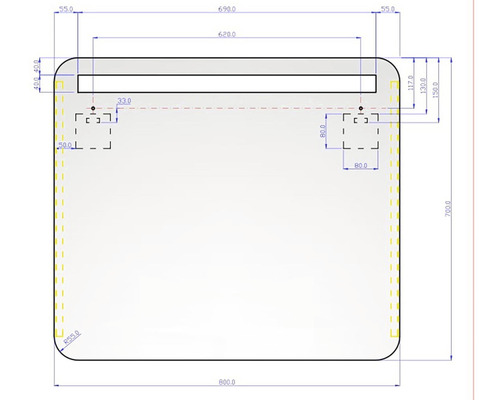 Technische Zeichnung eines Spiegels mit Maßangaben