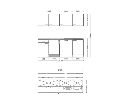 Technische Zeichnung einer Küchenzeile mit Maßen