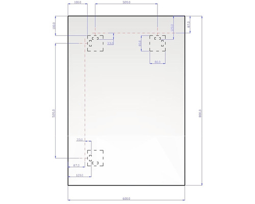 Technische Zeichnung einer Platte mit Maßangaben