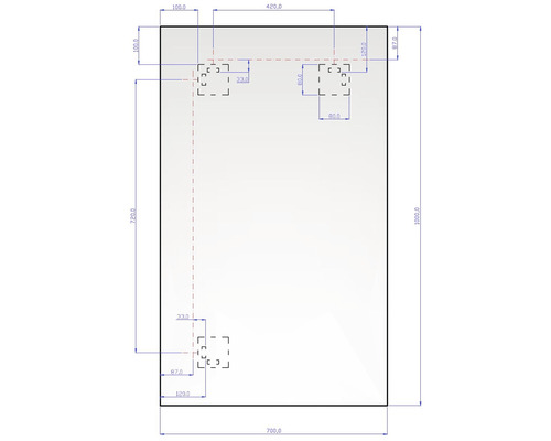 Technische Zeichnung einer Platte mit Maßangaben für Bohrungen
