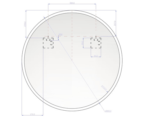 Technische Zeichnung eines runden Spiegels mit Maßangaben
