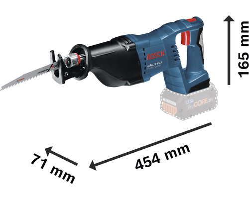 Bosch Säbelsäge mit den Maßen 454 mm Länge, 71 mm Breite und 165 mm Höhe