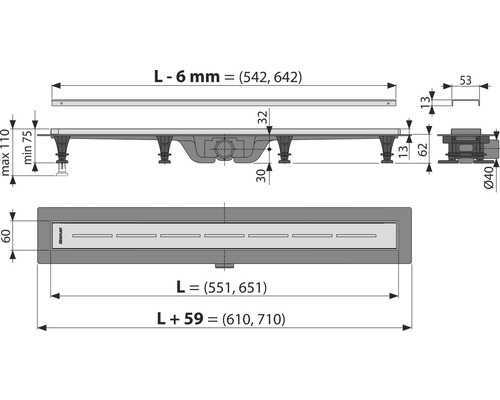 Technische Zeichnung einer Duschrinne mit Maßangaben