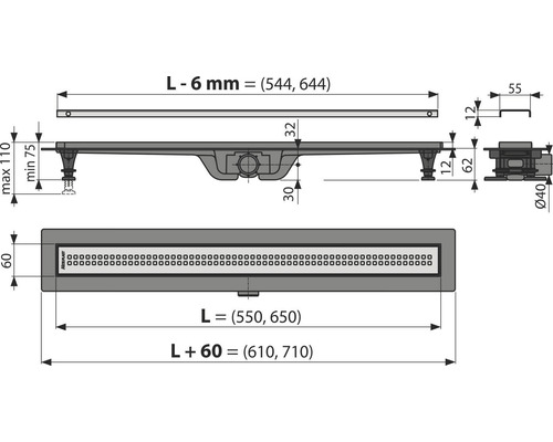 Technische Zeichnung einer Duschrinne mit Maßangaben