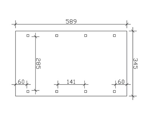 Technische Zeichnung einer Platte mit den Maßen 589 x 345 mm und mehreren Bohrungen