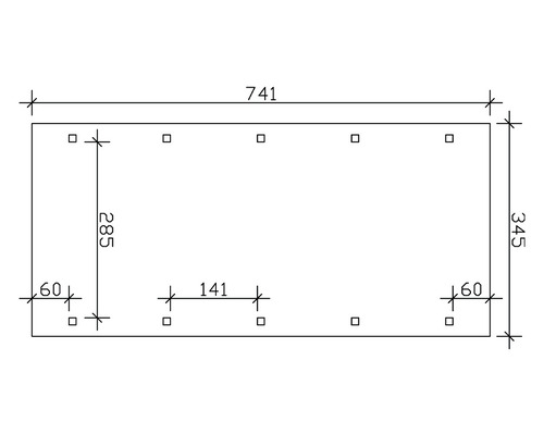 Technische Zeichnung mit Maßangaben: Länge 741, Breite 345 und Höhe 285.