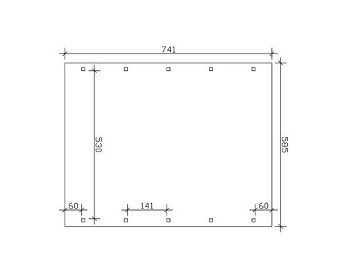 Technische Zeichnung mit Maßangaben für ein Produkt, Länge 741, Höhe 585 und Tiefe 530.