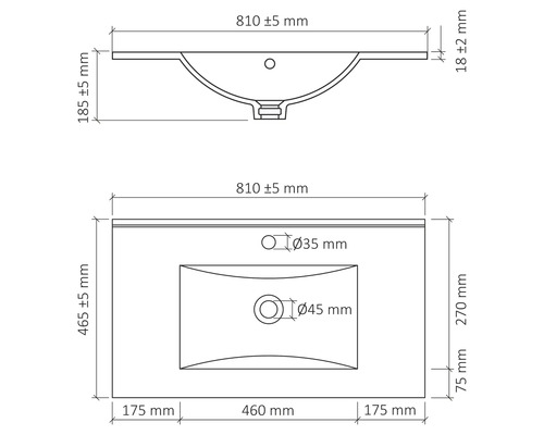 Technische Zeichnung eines Waschtisches mit Maßangaben