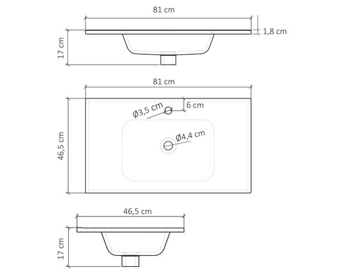 Technische Zeichnung eines Waschtisches mit Maßangaben.