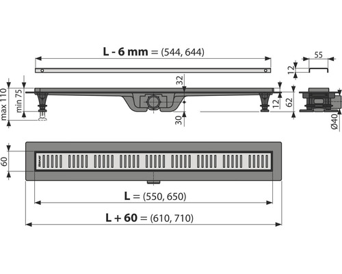 Technische Zeichnung einer Duschrinne mit Maßen