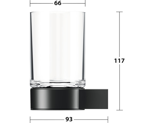 Zahnputzbecher mit Wandhalterung und Maßangaben