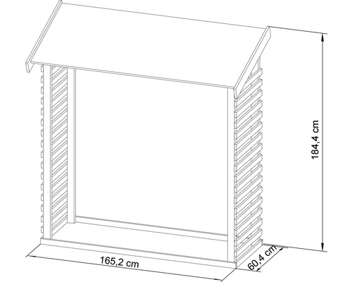 Technische Zeichnung eines Holzregals mit den Maßen 184,4 cm Höhe, 165,2 cm Breite und 60,4 cm Tiefe
