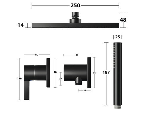 Abbildung der Maße eines Duschsets mit Kopfbrause, Handbrause und Armaturen