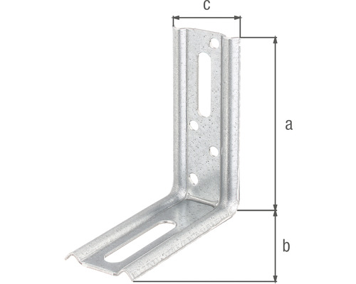 Winkelverbinder aus Metall mit Befestigungslöchern und Maßangaben