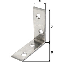 Winkelverbinder aus Metall mit Bohrlöchern und Maßangaben a, b und c.