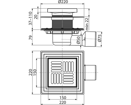 Technische Zeichnung eines Bodenablaufs mit Maßen